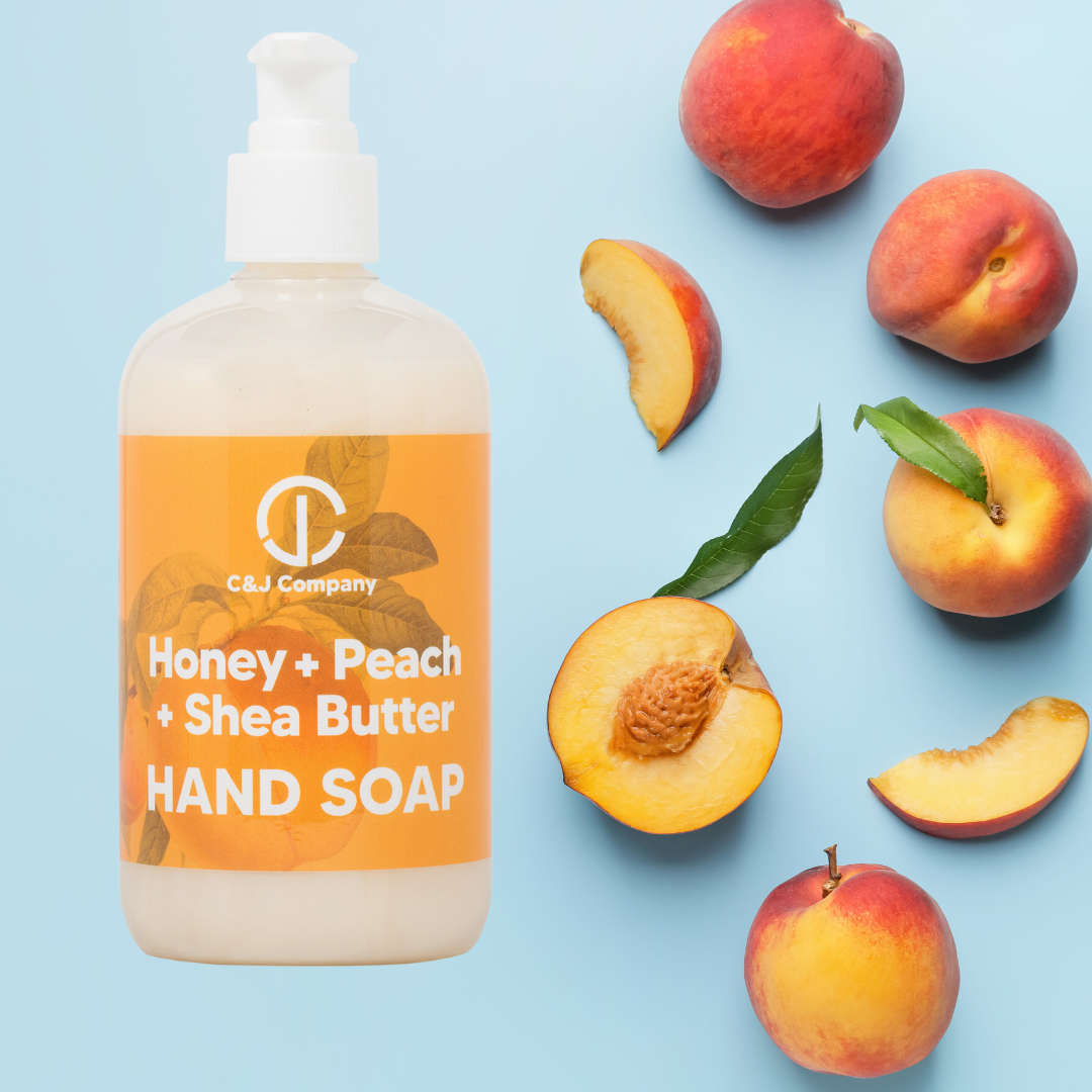 C&J Company Hand Soap, Made with Shea Butter, Honey + Peach ,Moisturizing Hand Wash, All Natural, Alcohol-Free, Cruelty-Free, 12oz - Cureton & Johnson
